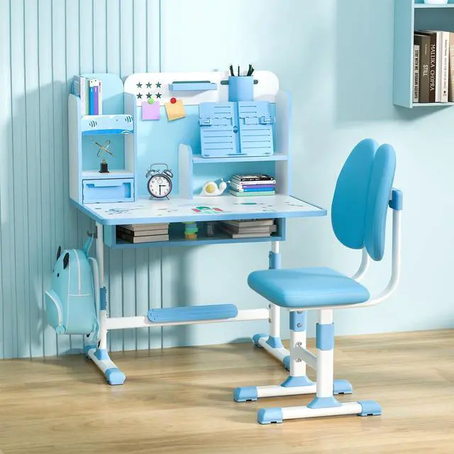 Alt view image 2 of 6 - Kids Desk and Chair Set School Desk| Height Adjustable Study Table with Book Stand & Foot Pedal, Ergonomic Children's Desks with Sitting Corrector for School Homework (Pink/Blue) (Blue)