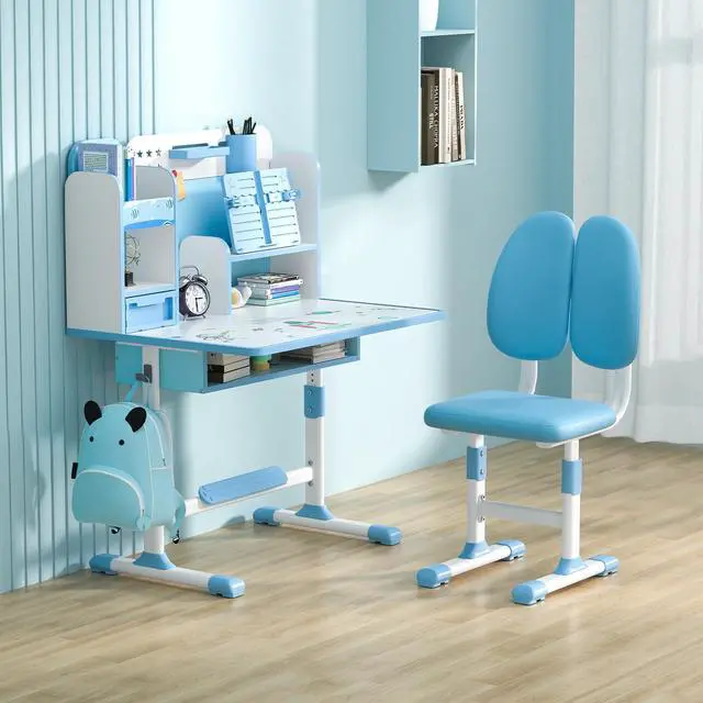 Alt view image 4 of 6 - Kids Desk and Chair Set School Desk| Height Adjustable Study Table with Book Stand & Foot Pedal, Ergonomic Children's Desks with Sitting Corrector for School Homework (Pink/Blue) (Blue)
