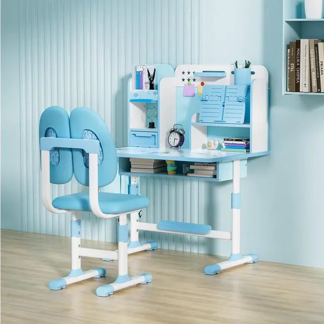 Alt view image 5 of 6 - Kids Desk and Chair Set School Desk| Height Adjustable Study Table with Book Stand & Foot Pedal, Ergonomic Children's Desks with Sitting Corrector for School Homework (Pink/Blue) (Blue)