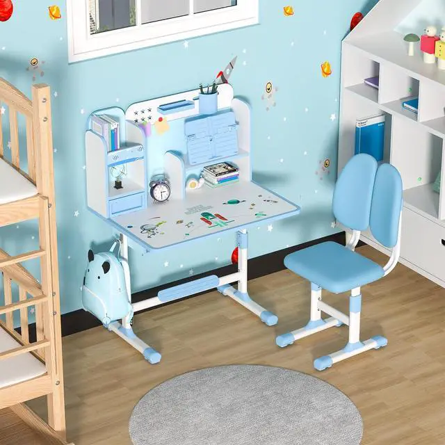 Alt view image 6 of 6 - Kids Desk and Chair Set School Desk| Height Adjustable Study Table with Book Stand & Foot Pedal, Ergonomic Children's Desks with Sitting Corrector for School Homework (Pink/Blue) (Blue)