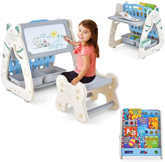 Main image of Kids Table and Chair Set, 3 in 1 Convertible Art Easel & Display Bookshelf w/Magnetic Painting Board, Bottom Storage Shelf, Children Activity Table Set for Drawing Reading (Blue)