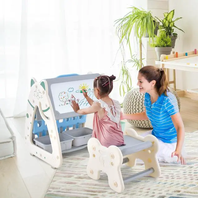 Alt view image 2 of 6 - Kids Table and Chair Set, 3 in 1 Convertible Art Easel & Display Bookshelf w/Magnetic Painting Board, Bottom Storage Shelf, Children Activity Table Set for Drawing Reading (Blue)