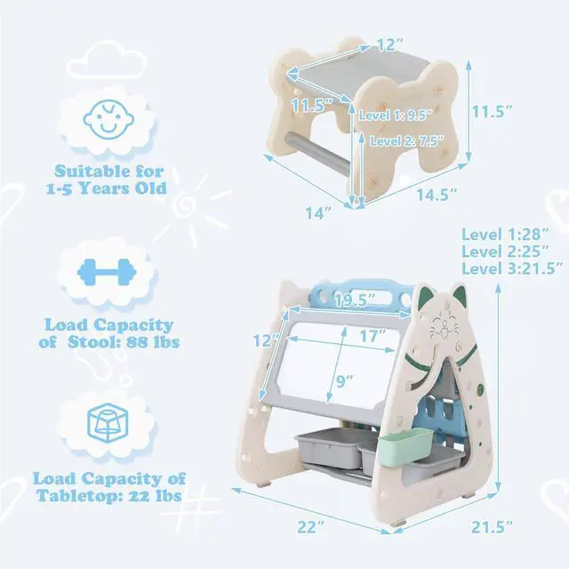 Alt view image 3 of 6 - Kids Table and Chair Set, 3 in 1 Convertible Art Easel & Display Bookshelf w/Magnetic Painting Board, Bottom Storage Shelf, Children Activity Table Set for Drawing Reading (Blue)