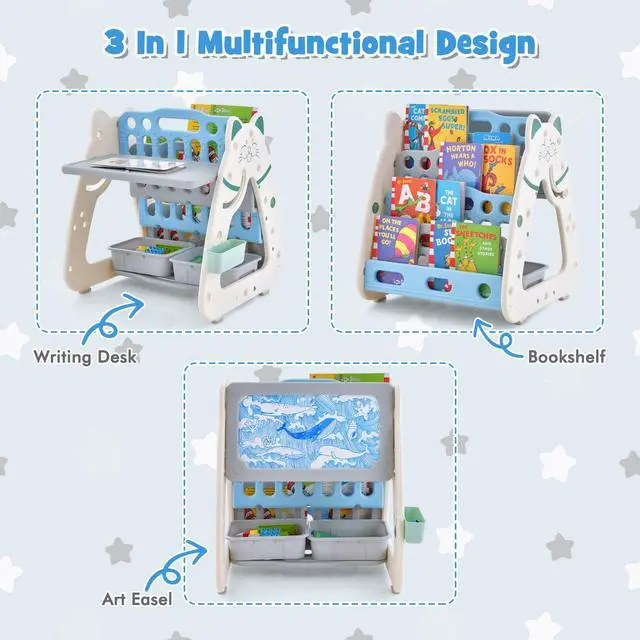 Alt view image 4 of 6 - Kids Table and Chair Set, 3 in 1 Convertible Art Easel & Display Bookshelf w/Magnetic Painting Board, Bottom Storage Shelf, Children Activity Table Set for Drawing Reading (Blue)