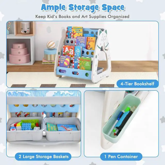 Alt view image 6 of 6 - Kids Table and Chair Set, 3 in 1 Convertible Art Easel & Display Bookshelf w/Magnetic Painting Board, Bottom Storage Shelf, Children Activity Table Set for Drawing Reading (Blue)