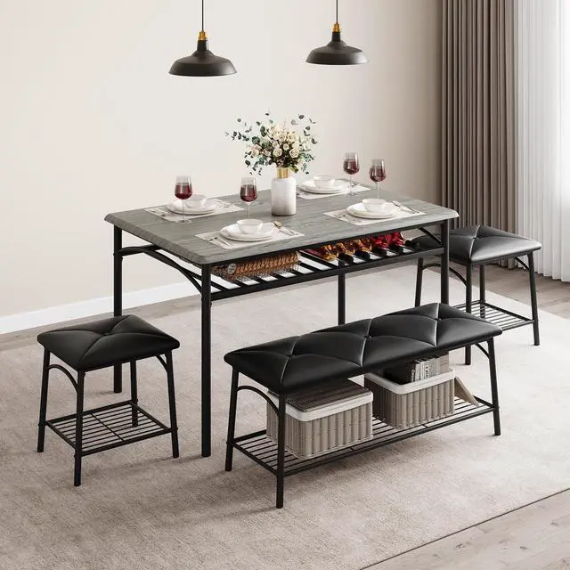 Main image of Dining Table Set for 4, Kitchen Table Set with 2 Chairs and 1 Bench, Modern Metal Frame Dining Furniture Set with Storage Rack for Small Space, Apartment, Restaurant