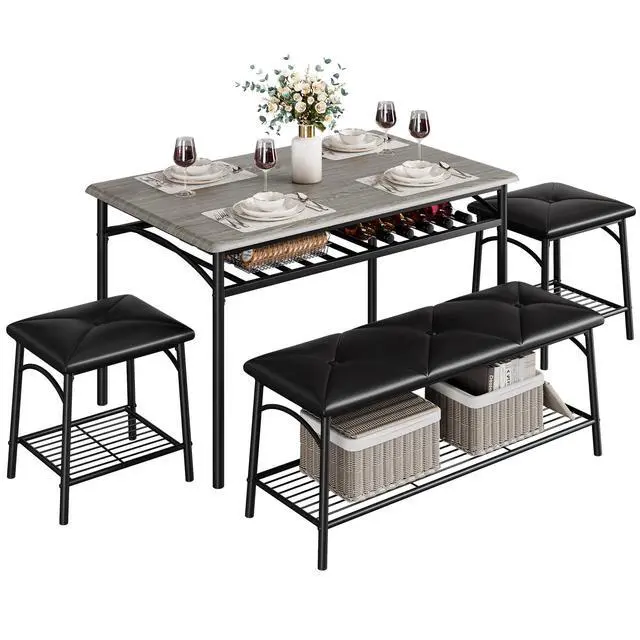 Alt view image 2 of 6 - Dining Table Set for 4, Kitchen Table Set with 2 Chairs and 1 Bench, Modern Metal Frame Dining Furniture Set with Storage Rack for Small Space, Apartment, Restaurant