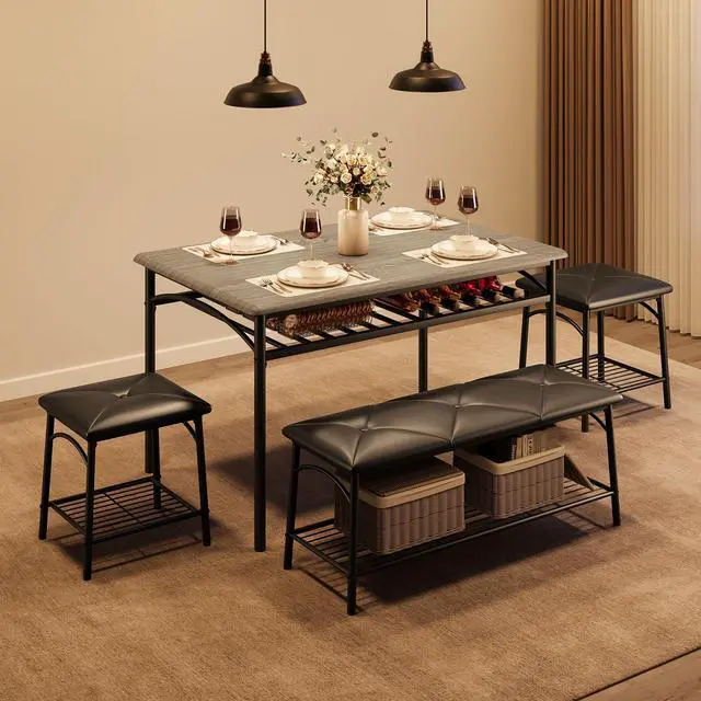 Alt view image 3 of 6 - Dining Table Set for 4, Kitchen Table Set with 2 Chairs and 1 Bench, Modern Metal Frame Dining Furniture Set with Storage Rack for Small Space, Apartment, Restaurant