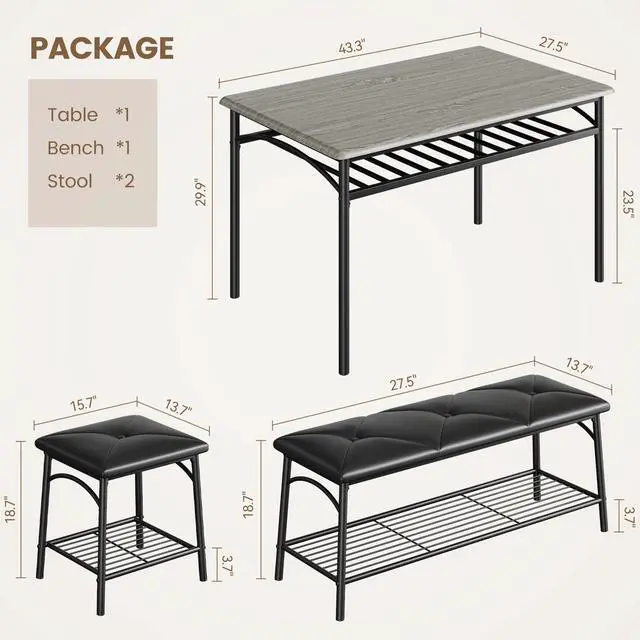 Alt view image 4 of 6 - Dining Table Set for 4, Kitchen Table Set with 2 Chairs and 1 Bench, Modern Metal Frame Dining Furniture Set with Storage Rack for Small Space, Apartment, Restaurant