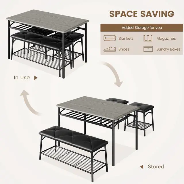 Alt view image 5 of 6 - Dining Table Set for 4, Kitchen Table Set with 2 Chairs and 1 Bench, Modern Metal Frame Dining Furniture Set with Storage Rack for Small Space, Apartment, Restaurant