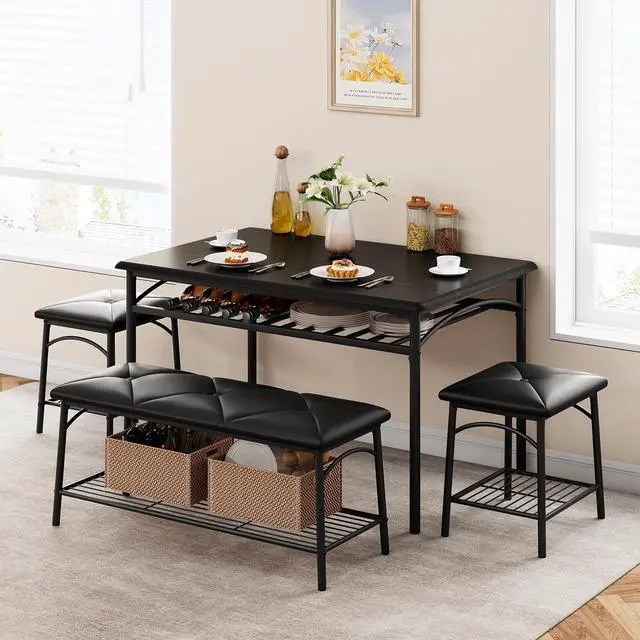Main image of Dining Table Set for 4, Kitchen Table Set with 2 Chairs and 1 Bench, Modern Metal Frame Dining Furniture Set with Storage Rack for Small Space, Apartment, Restaurant