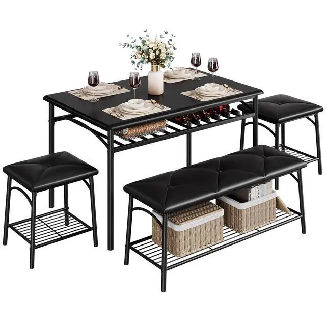 Alt view image 2 of 6 - Dining Table Set for 4, Kitchen Table Set with 2 Chairs and 1 Bench, Modern Metal Frame Dining Furniture Set with Storage Rack for Small Space, Apartment, Restaurant
