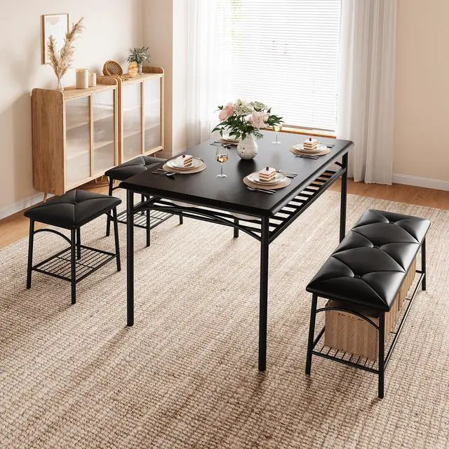 Alt view image 3 of 6 - Dining Table Set for 4, Kitchen Table Set with 2 Chairs and 1 Bench, Modern Metal Frame Dining Furniture Set with Storage Rack for Small Space, Apartment, Restaurant