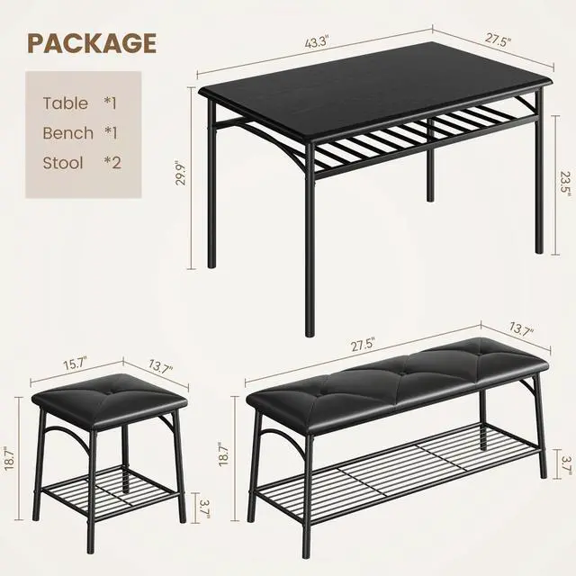 Alt view image 4 of 6 - Dining Table Set for 4, Kitchen Table Set with 2 Chairs and 1 Bench, Modern Metal Frame Dining Furniture Set with Storage Rack for Small Space, Apartment, Restaurant
