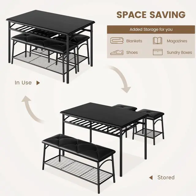 Alt view image 5 of 6 - Dining Table Set for 4, Kitchen Table Set with 2 Chairs and 1 Bench, Modern Metal Frame Dining Furniture Set with Storage Rack for Small Space, Apartment, Restaurant