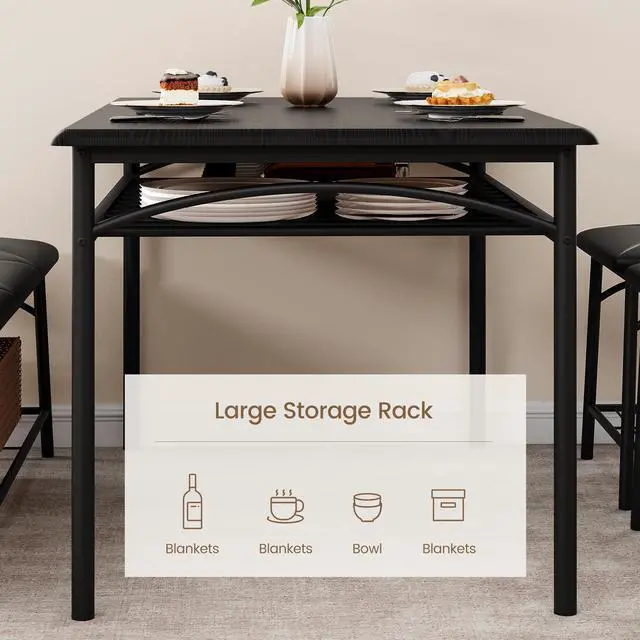 Alt view image 6 of 6 - Dining Table Set for 4, Kitchen Table Set with 2 Chairs and 1 Bench, Modern Metal Frame Dining Furniture Set with Storage Rack for Small Space, Apartment, Restaurant