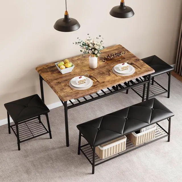Main image of Dining Table Set for 4, Kitchen Table Set with 2 Chairs and 1 Bench, Modern Metal Frame Dining Furniture Set with Storage Rack for Small Space, Apartment, Restaurant