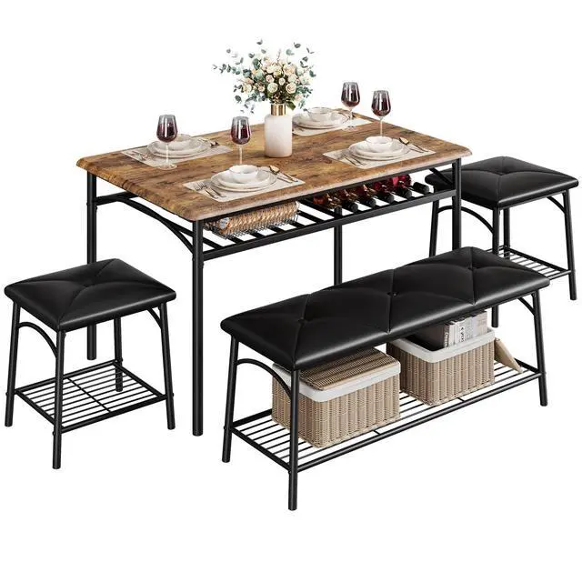 Alt view image 2 of 6 - Dining Table Set for 4, Kitchen Table Set with 2 Chairs and 1 Bench, Modern Metal Frame Dining Furniture Set with Storage Rack for Small Space, Apartment, Restaurant