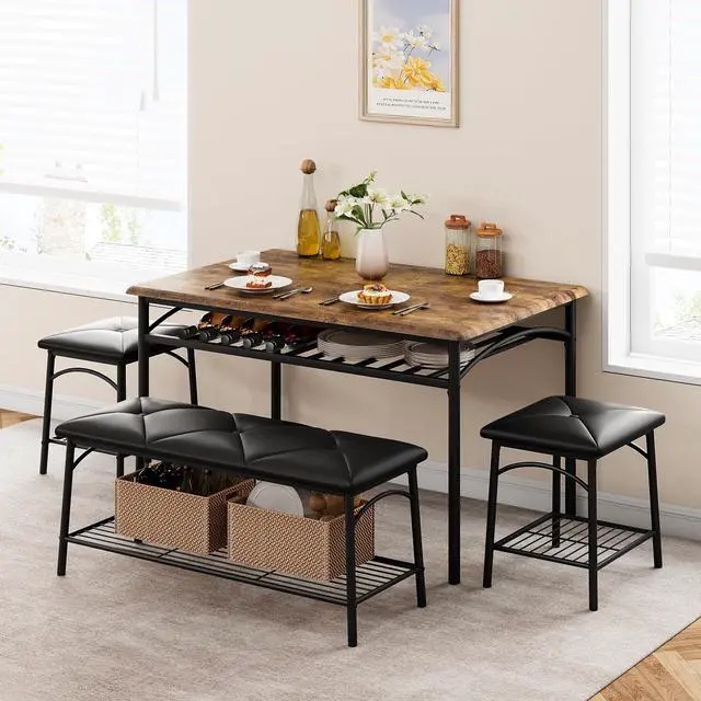 Alt view image 3 of 6 - Dining Table Set for 4, Kitchen Table Set with 2 Chairs and 1 Bench, Modern Metal Frame Dining Furniture Set with Storage Rack for Small Space, Apartment, Restaurant