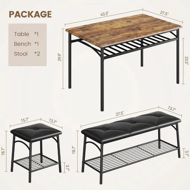 Alt view image 4 of 6 - Dining Table Set for 4, Kitchen Table Set with 2 Chairs and 1 Bench, Modern Metal Frame Dining Furniture Set with Storage Rack for Small Space, Apartment, Restaurant