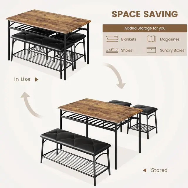 Alt view image 5 of 6 - Dining Table Set for 4, Kitchen Table Set with 2 Chairs and 1 Bench, Modern Metal Frame Dining Furniture Set with Storage Rack for Small Space, Apartment, Restaurant