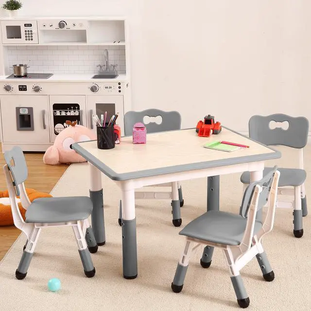 Alt view image 2 of 6 - Modern Kids Table and 4 Chair Set,31.5" Height Adjustable Toddler Table and Chairs Set with Non-Slip Table Legs&Organizer Graffiti Desktop,Preschool Activity Art Craft Table for 4(Gray)