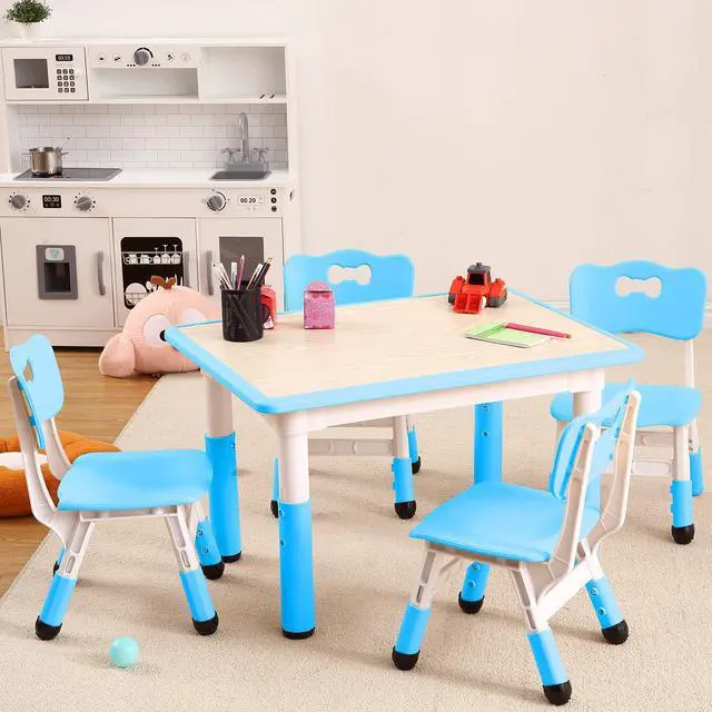 Alt view image 2 of 6 - Modern Kids Table and 4 Chair Set,31.5" Height Adjustable Toddler Table and Chairs Set with Non-Slip Table Legs&Organizer Graffiti Desktop,Preschool Activity Art Craft Table for 4(Blue)
