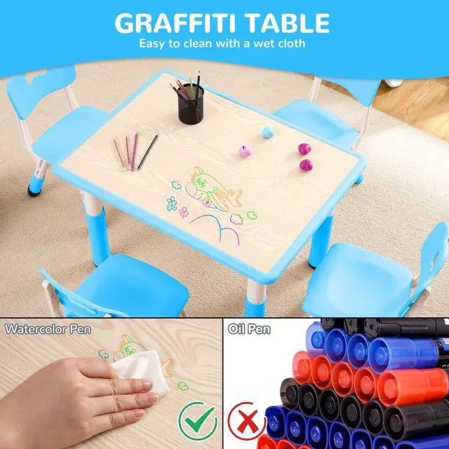 Alt view image 3 of 6 - Modern Kids Table and 4 Chair Set,31.5" Height Adjustable Toddler Table and Chairs Set with Non-Slip Table Legs&Organizer Graffiti Desktop,Preschool Activity Art Craft Table for 4(Blue)