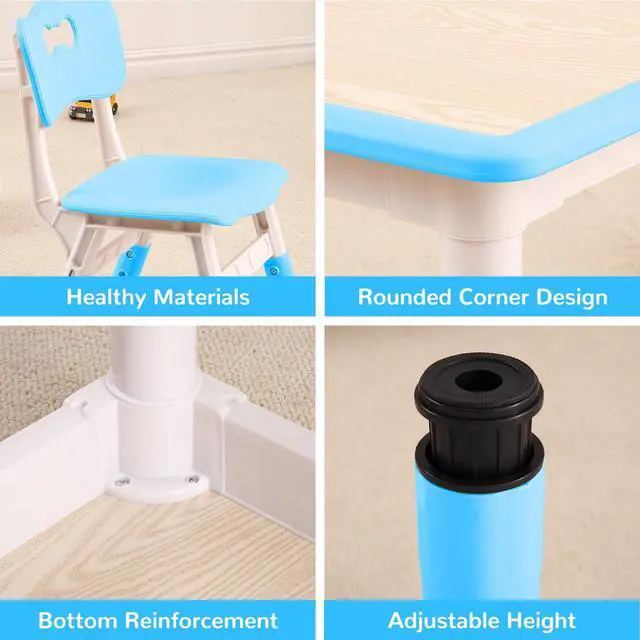 Alt view image 4 of 6 - Modern Kids Table and 4 Chair Set,31.5" Height Adjustable Toddler Table and Chairs Set with Non-Slip Table Legs&Organizer Graffiti Desktop,Preschool Activity Art Craft Table for 4(Blue)