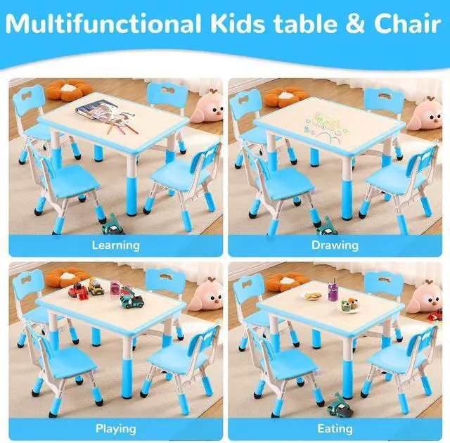Alt view image 5 of 6 - Modern Kids Table and 4 Chair Set,31.5" Height Adjustable Toddler Table and Chairs Set with Non-Slip Table Legs&Organizer Graffiti Desktop,Preschool Activity Art Craft Table for 4(Blue)