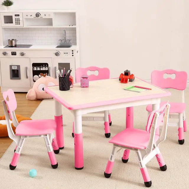 Alt view image 2 of 6 - Modern Kids Table and 4 Chair Set,31.5" Height Adjustable ToddlerTable and Chairs Set with Non-Slip Table Legs&Organizer Graffiti Desktop,Preschool Activity Art Craft Table for 4(Pink)