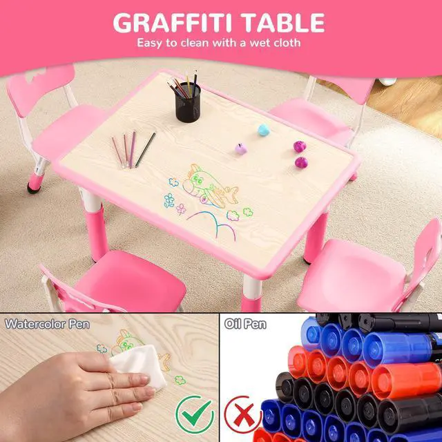 Alt view image 3 of 6 - Modern Kids Table and 4 Chair Set,31.5" Height Adjustable ToddlerTable and Chairs Set with Non-Slip Table Legs&Organizer Graffiti Desktop,Preschool Activity Art Craft Table for 4(Pink)