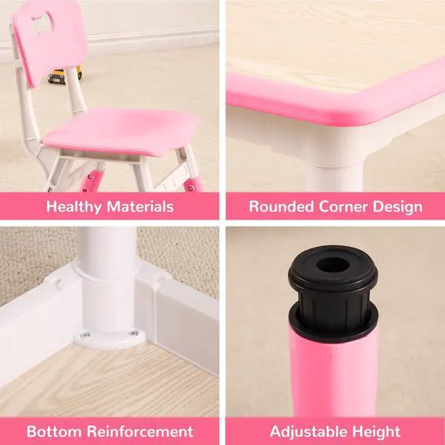 Alt view image 4 of 6 - Modern Kids Table and 4 Chair Set,31.5" Height Adjustable ToddlerTable and Chairs Set with Non-Slip Table Legs&Organizer Graffiti Desktop,Preschool Activity Art Craft Table for 4(Pink)