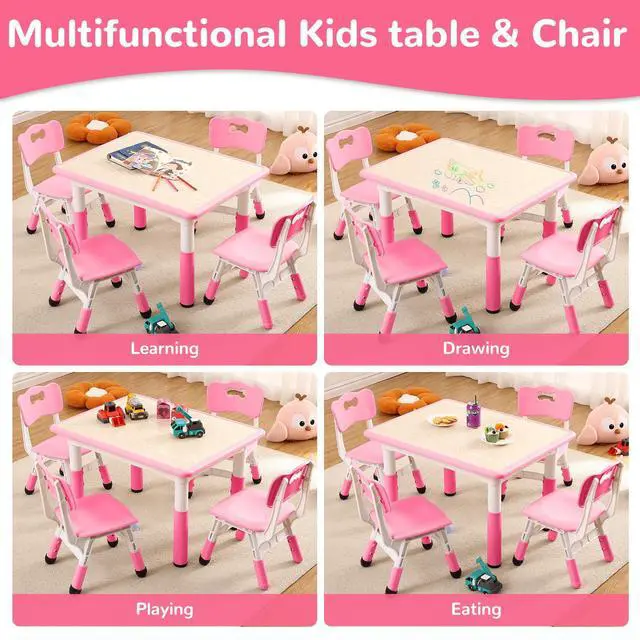 Alt view image 5 of 6 - Modern Kids Table and 4 Chair Set,31.5" Height Adjustable ToddlerTable and Chairs Set with Non-Slip Table Legs&Organizer Graffiti Desktop,Preschool Activity Art Craft Table for 4(Pink)