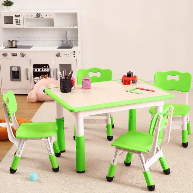 Alt view image 2 of 6 - Modern Kids Table and 4 Chair Set,31.5" Height Adjustable Toddler Table and Chairs Set with Non-Slip Table Legs&Organizer Graffiti Desktop,Preschool Activity Art Craft Table for 4(Green)