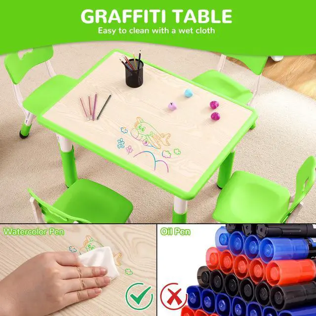 Alt view image 3 of 6 - Modern Kids Table and 4 Chair Set,31.5" Height Adjustable Toddler Table and Chairs Set with Non-Slip Table Legs&Organizer Graffiti Desktop,Preschool Activity Art Craft Table for 4(Green)