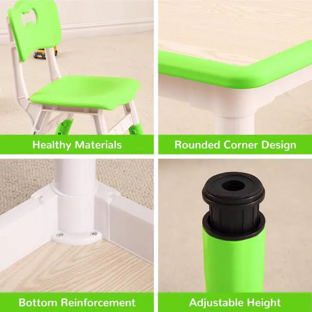 Alt view image 4 of 6 - Modern Kids Table and 4 Chair Set,31.5" Height Adjustable Toddler Table and Chairs Set with Non-Slip Table Legs&Organizer Graffiti Desktop,Preschool Activity Art Craft Table for 4(Green)