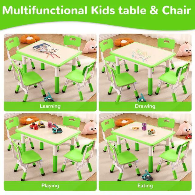Alt view image 5 of 6 - Modern Kids Table and 4 Chair Set,31.5" Height Adjustable Toddler Table and Chairs Set with Non-Slip Table Legs&Organizer Graffiti Desktop,Preschool Activity Art Craft Table for 4(Green)