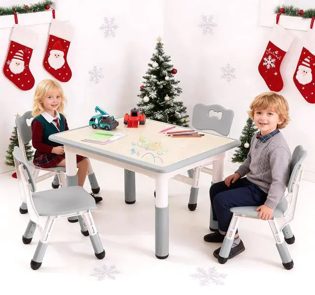 Main image of Modern Kids Table and 4 Chair Set,31.5"Height Adjustable Toddler Table and 4 Chairs Set With Non-Slip Desk Legs&Organizer Graffiti Desktop,Preschool Activity Kids Table Set for Ages 2-10 (Gray)