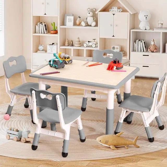 Alt view image 2 of 6 - Modern Kids Table and 4 Chair Set,31.5"Height Adjustable Toddler Table and 4 Chairs Set With Non-Slip Desk Legs&Organizer Graffiti Desktop,Preschool Activity Kids Table Set for Ages 2-10 (Gray)
