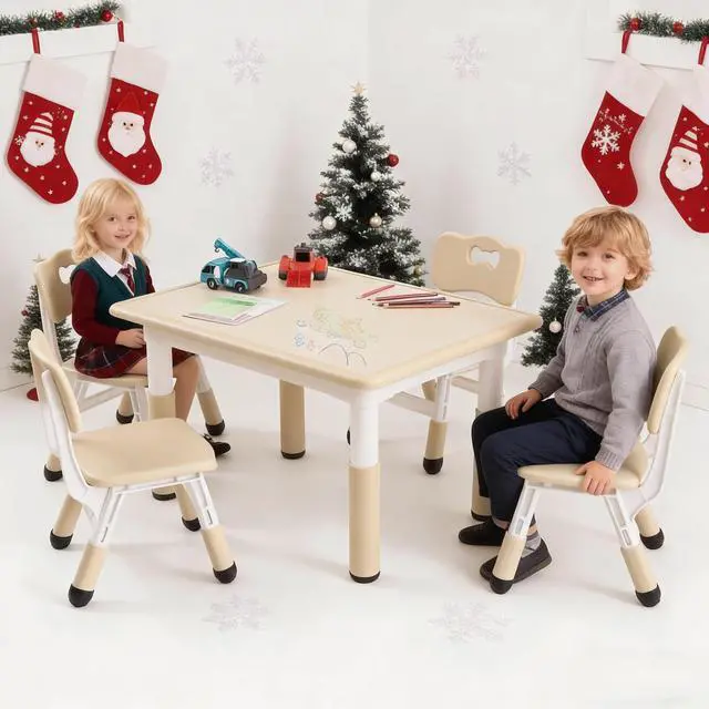 Main image of Modern Kids Table and 4 Chair Set,31.5"Height Adjustable Toddler Table and 4 Chairs Set With Non-Slip Desk Legs&Organizer Graffiti Desktop,Preschool Activity Kids Table Set for Ages 2-10(Kakhi)