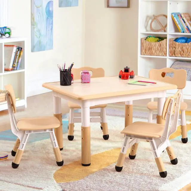 Alt view image 2 of 6 - Modern Kids Table and 4 Chair Set,31.5"Height Adjustable Toddler Table and 4 Chairs Set With Non-Slip Desk Legs&Organizer Graffiti Desktop,Preschool Activity Kids Table Set for Ages 2-10(Kakhi)