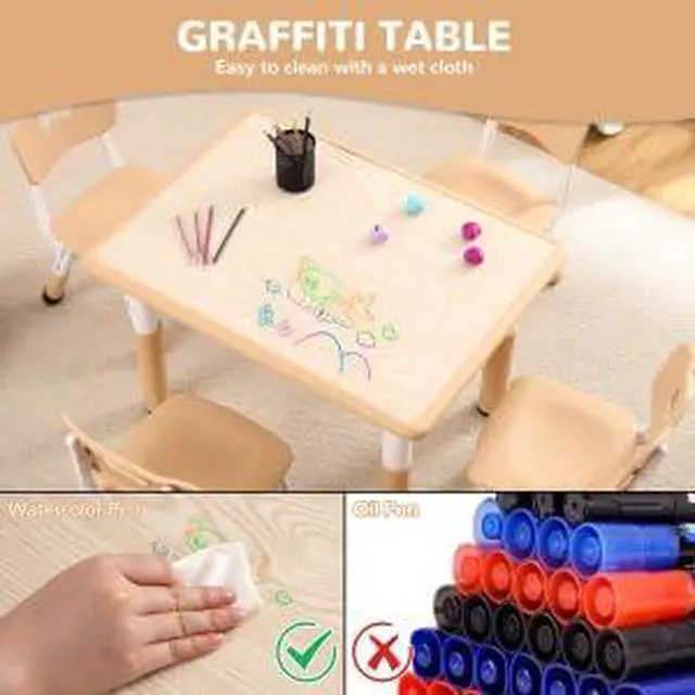 Alt view image 3 of 6 - Modern Kids Table and 4 Chair Set,31.5"Height Adjustable Toddler Table and 4 Chairs Set With Non-Slip Desk Legs&Organizer Graffiti Desktop,Preschool Activity Kids Table Set for Ages 2-10(Kakhi)