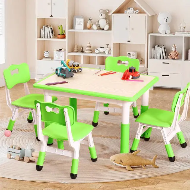 Alt view image 2 of 6 - Modern Kids Table and 4 Chair Set,31.5"Height Adjustable Toddler Table and 4 Chairs Set With Non-Slip Desk Legs&Organizer Graffiti Desktop,Preschool Activity Kids Table Set for Ages 2-10 (Green)