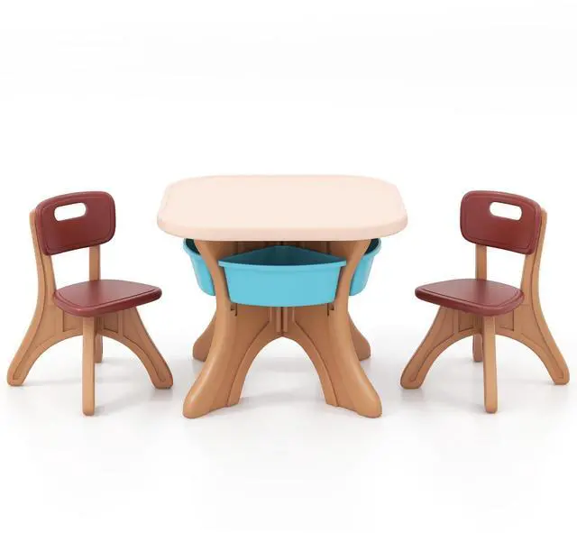 Main image of Kids Table and Chair Set, Plastic Children Activity Table and 2 Chair Set w/Storage Bins, 3 Piece Toddler Table and Chairs for Art, Craft, Reading, Drawing, Gift for Boys Girls (Coffee)