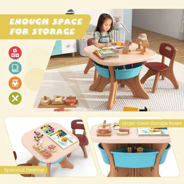 Alt view image 2 of 6 - Kids Table and Chair Set, Plastic Children Activity Table and 2 Chair Set w/Storage Bins, 3 Piece Toddler Table and Chairs for Art, Craft, Reading, Drawing, Gift for Boys Girls (Coffee)
