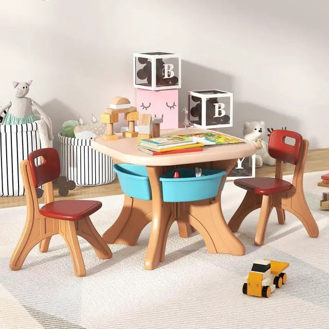 Alt view image 3 of 6 - Kids Table and Chair Set, Plastic Children Activity Table and 2 Chair Set w/Storage Bins, 3 Piece Toddler Table and Chairs for Art, Craft, Reading, Drawing, Gift for Boys Girls (Coffee)