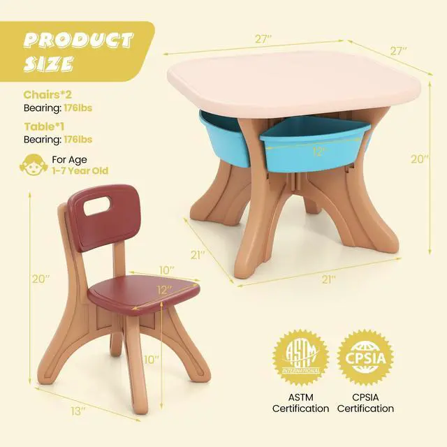 Alt view image 4 of 6 - Kids Table and Chair Set, Plastic Children Activity Table and 2 Chair Set w/Storage Bins, 3 Piece Toddler Table and Chairs for Art, Craft, Reading, Drawing, Gift for Boys Girls (Coffee)