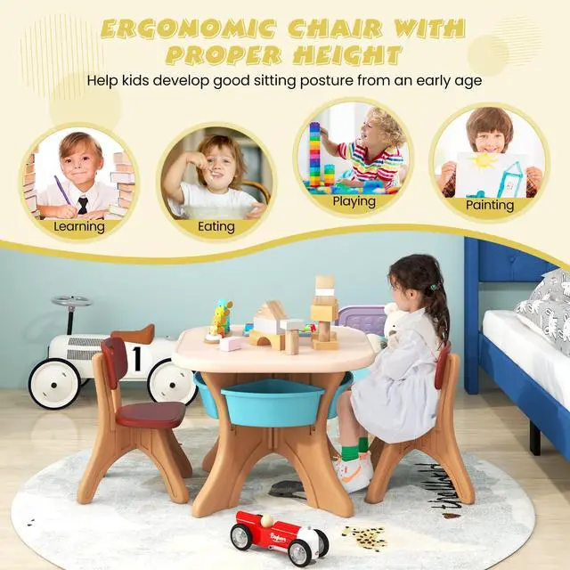 Alt view image 5 of 6 - Kids Table and Chair Set, Plastic Children Activity Table and 2 Chair Set w/Storage Bins, 3 Piece Toddler Table and Chairs for Art, Craft, Reading, Drawing, Gift for Boys Girls (Coffee)
