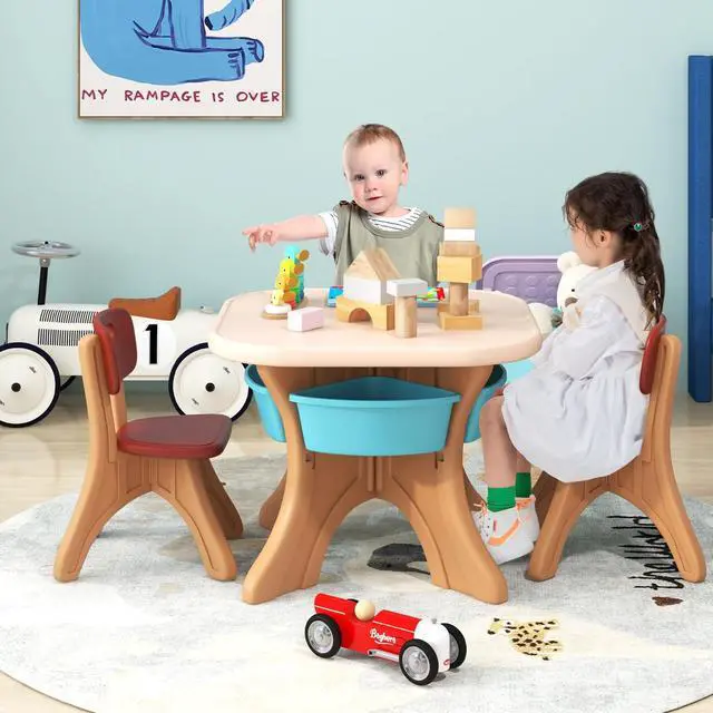 Alt view image 6 of 6 - Kids Table and Chair Set, Plastic Children Activity Table and 2 Chair Set w/Storage Bins, 3 Piece Toddler Table and Chairs for Art, Craft, Reading, Drawing, Gift for Boys Girls (Coffee)